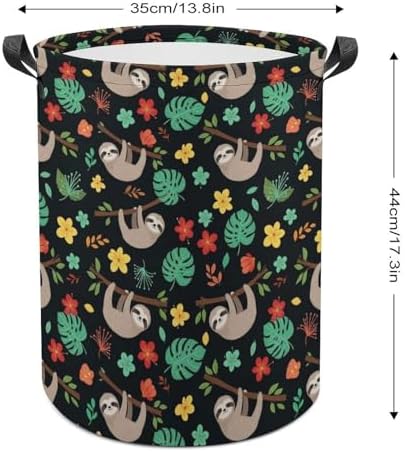 Large Laundry Hamper with Handles Floral Flowers Cute Branch Sloth, Collapsible Waterproof Basket for Clothing, Toys, and Home Storage Needs
