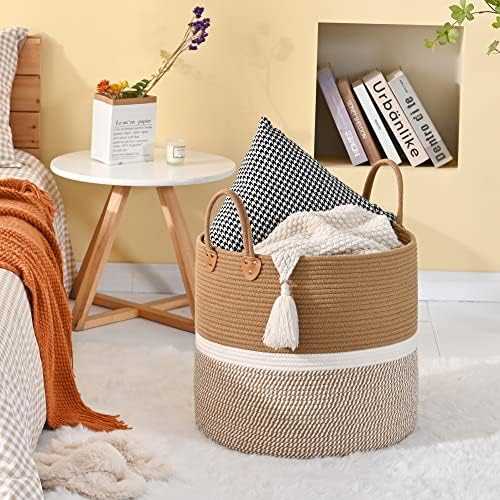 KAKAMAY Large Blanket Basket (18"x18"x16"),Woven Baby Laundry Hamper for Storage, Cotton Rope Blankets Baskets for Nursery, Laundry, Living Room, Pillows, Baby Toy chest with Handles (Brown)
