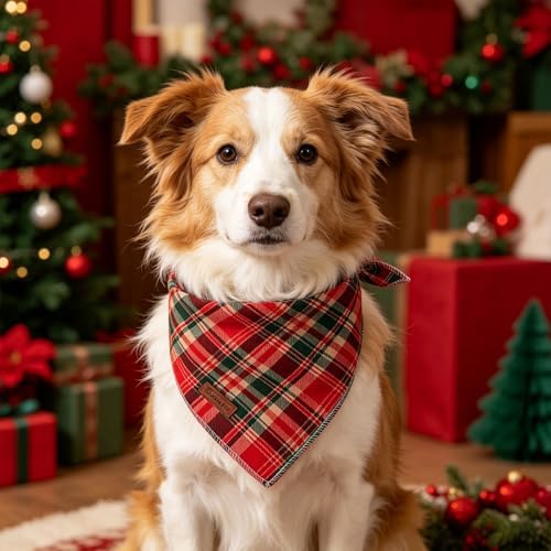 Christmas Plaid Dog Bandana–Red and Green Checked Triangle Scarf for Small Medium Large Dogs, Soft Cotton Pet Bib for Winter & New Year, Adjustable Dog Kerchief