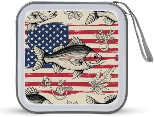 40-Disc Hard Shell Storage Wallet American Flag Camo Fish, DVD CD Binder with Carry Strap, Portable Protective Organizer for Travel Office