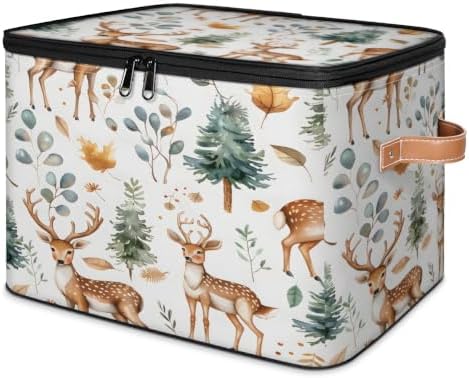 Cute Wild Deer Storage Box with Zipper Lid | Collapsible, Fabric, Storage Bin, Handle, Large, Closet Organizer, Containers, Bedroom, Home, Eucalyptus Leaf