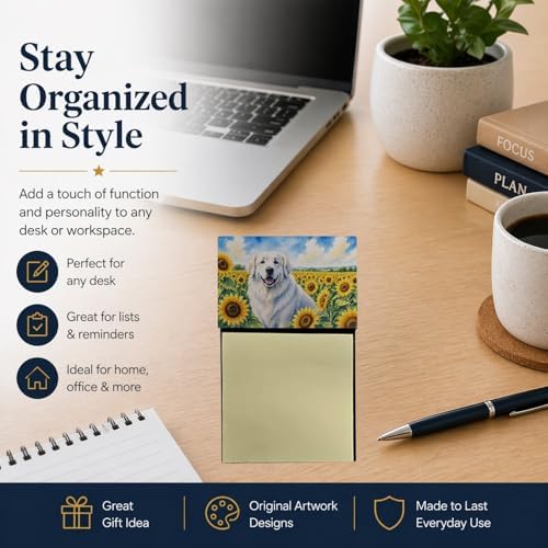 Caroline's Treasures Great Pyrenees in Sunflowers Watercolor Sticky Note Holder Refillable Dispenser Desk Accessory 3x3 Pad Gift