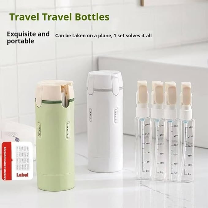4 In 1 Travel Dispenser Bottle,With 4 Pack 30ml Travel Bottles,Refillable & Leak Proof Portable Toiletry Containers With Scale Label,For Shampoo Lotion Conditioner Soap Cream (GREEN)