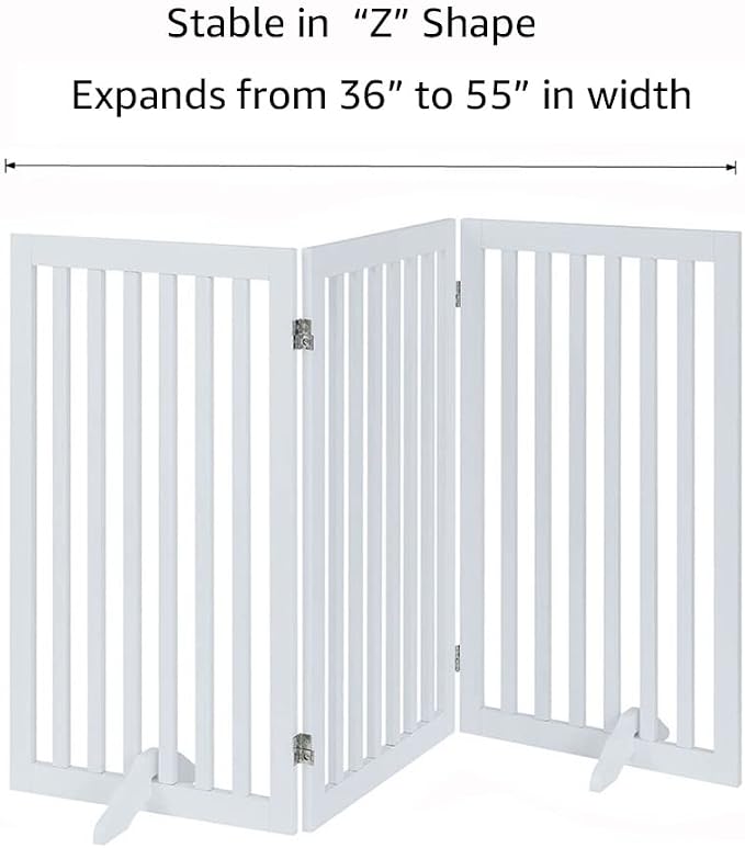 unipaws 36”H Free Standing Pet Gate for Dog, Tall Wooden Dog Gate, 60” Wide | Foldable Pet Fence for Doorway, Stairs, Step, Expandable Doggy Barrier, Room Divider, Indoor Use, White