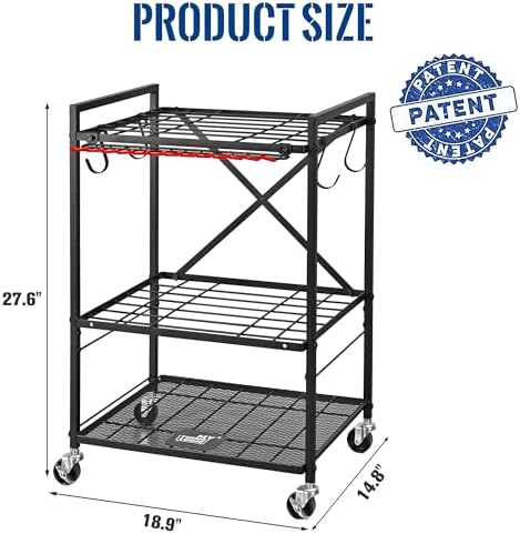 Mythinglogic Rolling Garden Tool Organizer for Garage and Yard Tools | Metal rolling rack with multiple tool slots, movable hooks and locking casters for rakes, shovels, brooms and yard tools