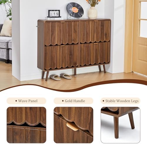 ORRD Shoe Storage Cabinet for Entryway with 4 Flip Drawers, Freestanding Narrow Wood Shoe Cabinet with Wave Panel, Hidden Shoe Organizer for Foyer, Hallway (Walnut)
