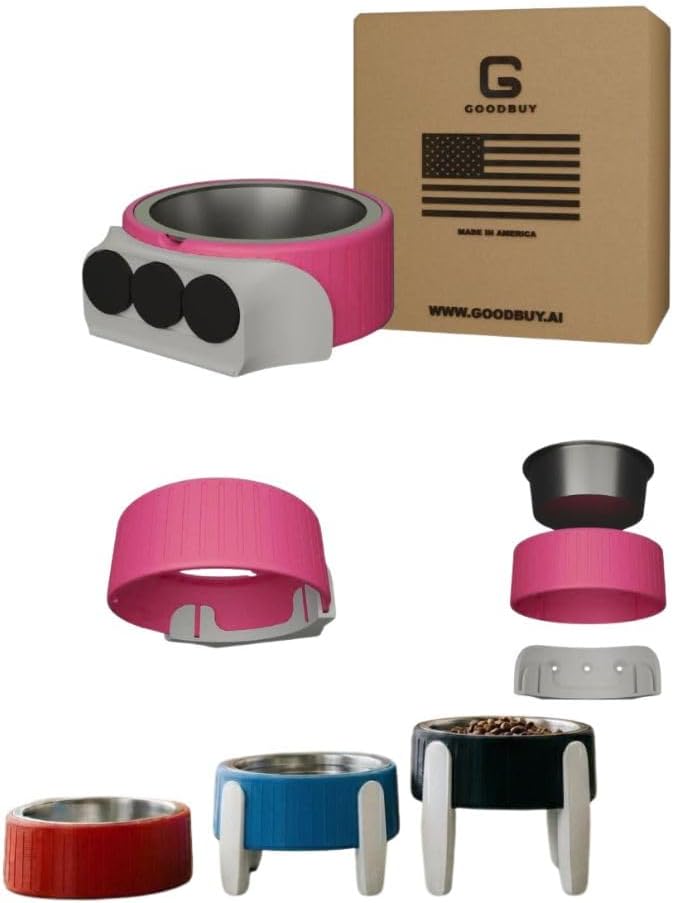 Pet Station Elevated Dog Bowl Stand for 6.8 in. Bowls - 3D Printed Dog Feeder - Adjustable Height Legs and Magnetic Fridge Mount Feeding Station - Made in USA (Pink, Bowl + Full Combo)