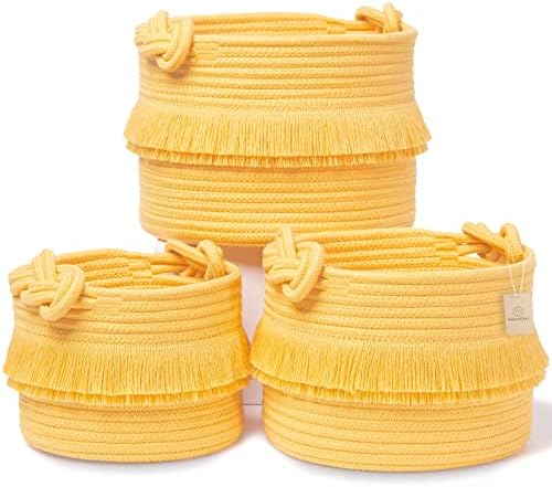 NaturalCozy 3-Piece Boho Decor Storage Basket Set – Cotton Rope Woven Baskets for Organizing! Small Basket for Baby Stuff, Baby Shower, Gift Basket, Nursery Basket, Planter, Toy Basket, Shelves