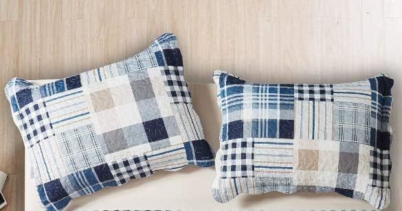 Brilliant Sunshine Multi Blue Plaids & Stripes Pillowshams Set, 20"x26"+2" | Patchwork Design, Quilted Standard Pillowcases, Washable Scallop Edge Pillow Covers, Pack of 2