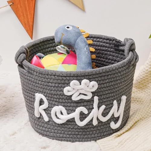 Personalized Dog Toy Storage Basket Bin Custom Pet Woven Baskets Pet Name Gift Toy Storage Cotton Rope Storage Box for Dogs & Cats Toys, Blankets and Accessories (Style C)
