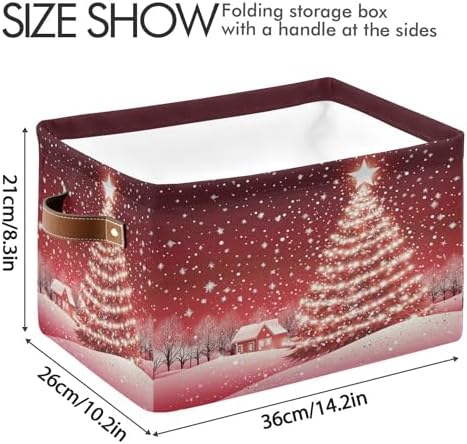 Christmas Tree Red Storage Basket with Waterproof Liner and PU Handles Xmas Winter Snow Scene Storage Bins Boxes 14.2" Collapsible Decorative Organizer Baskets for Bedroom Closet Office 1 Pack