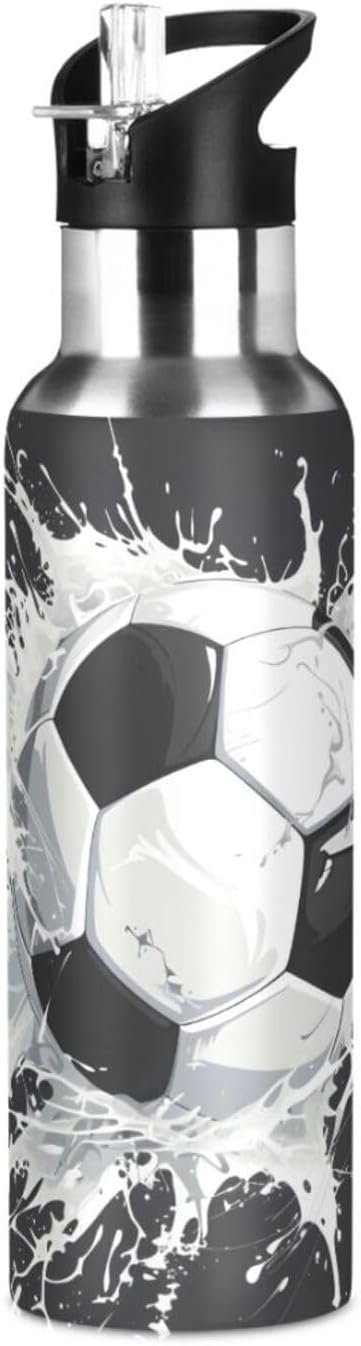 Soccer Ball Water Bottle with Straw Lid Kids Insulated Stainless Steel Water Flask Sports, 20 Oz Hot Cold