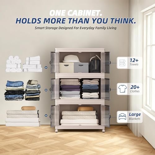 SAILUN 381Qt Extra Large Stackable Storage Bins Folding Collapsible Storage Bins with a Lid, Closet Organizers and Storage Blush White 28" W x 17" D x 46" H