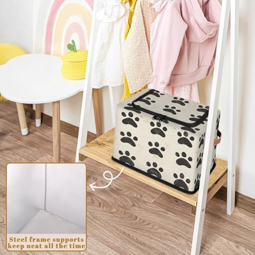 Dog Paw Storage Bins with Zipper Lid Animal Footprint Foldable Fabric Organizer Box with Handles Rectangular Closet Clothes Organizer Containers