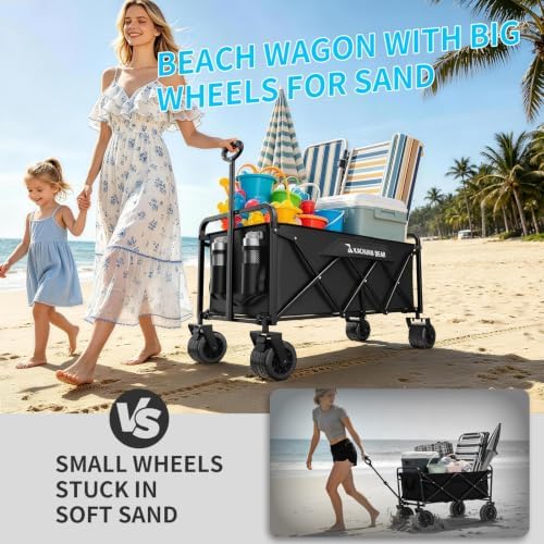 300L Wagons Carts Foldable Collapsible with Big All-Terrain Beach Wheels | 480lbs Large Heavy Duty Utility Wagon Cart and Folding Frame. Perfect for Groceries, Garden, Shopping & Sports. Black color.