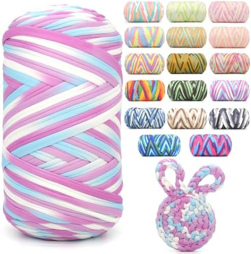 400g Tshirt Yarn for Crochet,Rainbow T Shirt Soft Elastic Fabric Chunky Thick T-Shirt Crochet Yarn for Crocheting Knitting Beginner Hand Knitting for Bag/DIY Craft/Home Decor-Purple White Blue