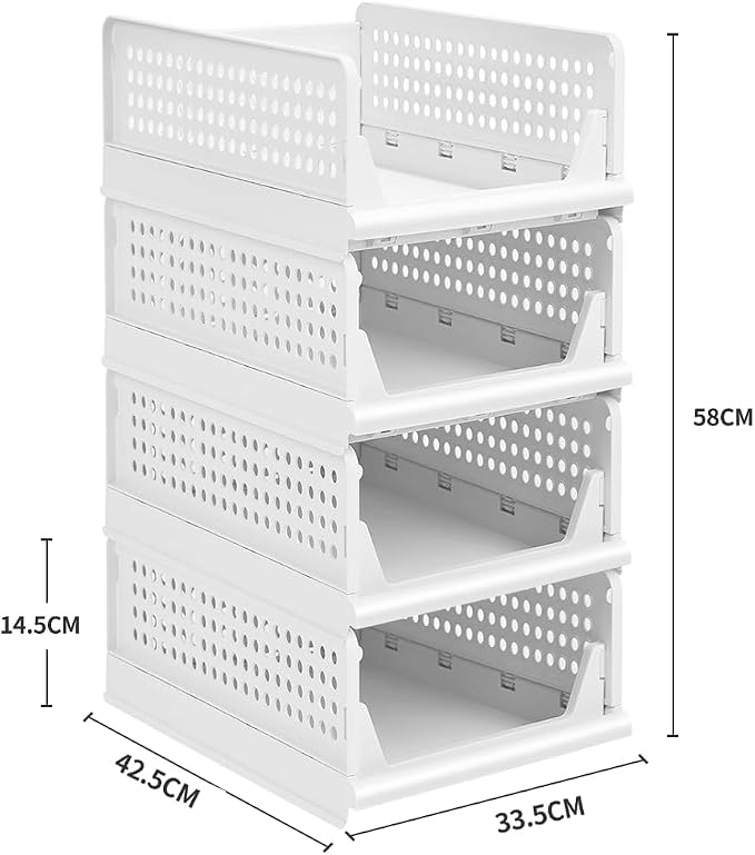 This Versatile Stackable Foldable Closet Clothing Storage with Drawer Shelves for Bedroom Kitchen Living Room Bathroom - White (4-Tier H-14cm + 3-Tier H-14cm)
