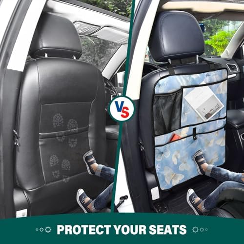 2 Pack Back Seat Car Organizer with Storage Pockets Kick Mats Back Seat Protector Hanging Car Organizer Automotive Seat Back Cover Organizers Sky Blue and White Butterflies