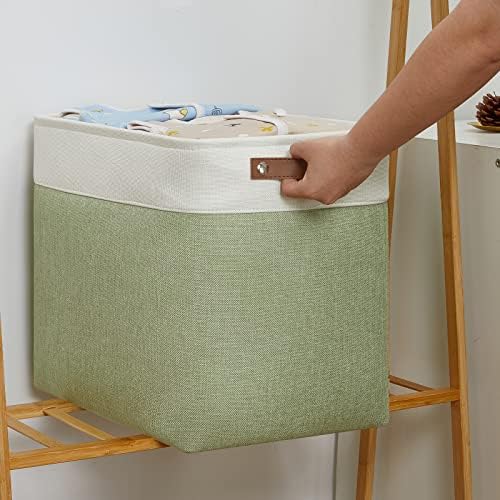 DULLEMELO Large Storage Basket 17"x12"x15", Fabric Storage Organizer Basket for Storage Clothes, Large Fabric Bin for Organizing Book, Storage Bin with Handles for Storage Toy (White&Green)
