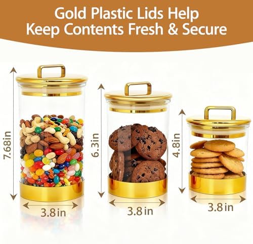 3-Pack Acrylic Storage Jars with Gold Lids – Airtight Canisters for Kitchen, Bathroom, Office | Decorative Storage for Snacks, Bath Bombs, Cotton Balls, and Small Essentials