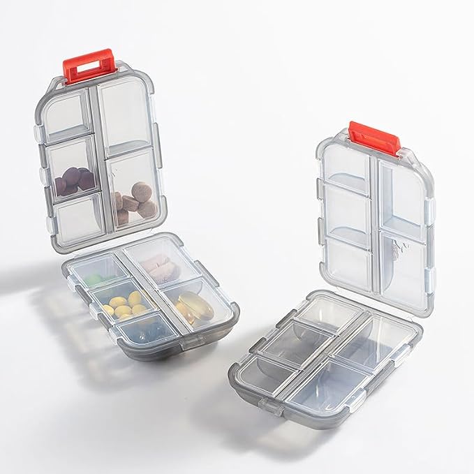 Weekly Travel Pill Organizer Box, 10 Compartments Small Fold Case | Medicine Holder, Daily AM PM Morning Night Pocket Travel Capsule Dispenser for Vitamin, Fish Oil, Supplement, Tablet, Grey
