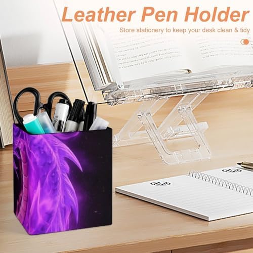 Women's Pen Cup Pencil Holder Makeup Brush Storage Purple Fire Dragon Leather Desk Organizer
