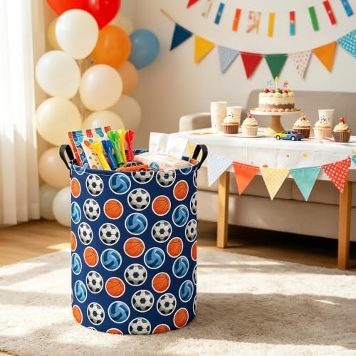 Round Laundry Basket Collapsible Storage Hamper Organizer Ball Sports | Waterproof Canvas Foldable Baskets with sturdy Handles Multi-scene Organizer for Home Play Bedroom Gift Bin