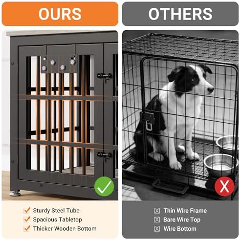 YaFiti 37.8" Dog Crate Furniture, Wooden Dog Kennel with Bowls, Grey | Adjustable Feeder, Name Tag, for Small/Medium Dogs, Chew-Resistant, Heavy Duty, Side End Table, Decorative Pet Cage