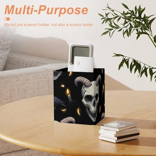 Women's Makeup Brush Cup Desktop Stationery Organizer Goth Raven Skull Goat Leather Pen Holder