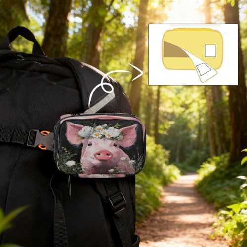 Weekly Pill Organizer Travel Size Bag with Removable 7 Day Pill Box Portable Vitamin Case Purse with Zipper,Pink Pig Flower Crown Oil Painting
