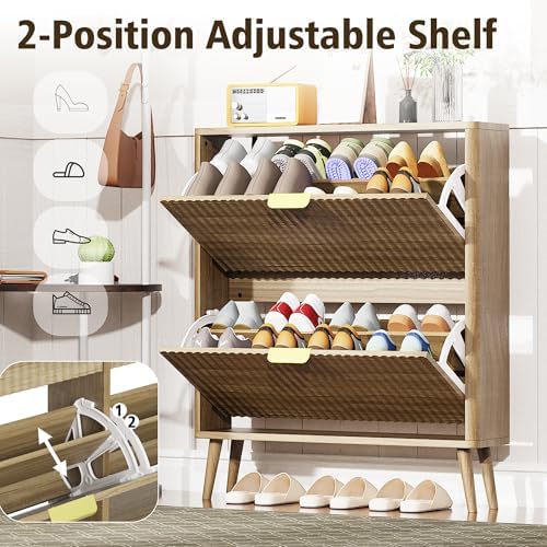 KIGOTY Narrow Shoe Storage Cabinet, Shoe Cabinet with 2 Flip Drawers, Freestanding Shoe Organizer with Legs for Entryway, Slim Shoe Rack Cabinet for Enterway (Yellow, 2 Flip Drawer)