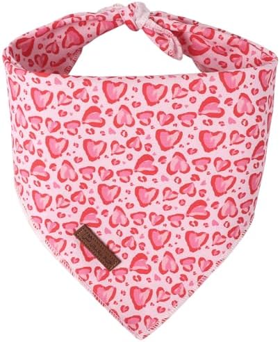 Valentine Triangle Pink Heart Bandana, Cotton Kerchief for Small to Medium Dogs or Cats, Adorable Puppy or Boy Dog Scarf