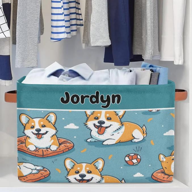 Custom Storage Baskets for Kids Name, Large Foldable Organizer Collapsible Storage Bin with Leather Handle for Home Toys Closet Nursery, Cute Corgi Dog Cartoon Cloud Blue