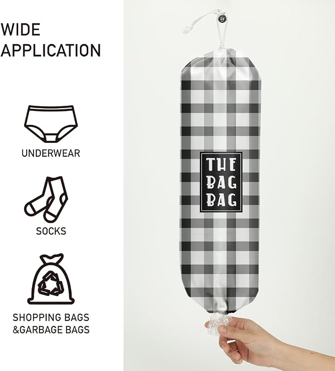 Plastic Bag Holder,Reusable And Washable Grocery Bag organizer,for Home Kitchen Travelling Camping Decor, use 1 Pack, Black White And Gray Checkerboard Pattern