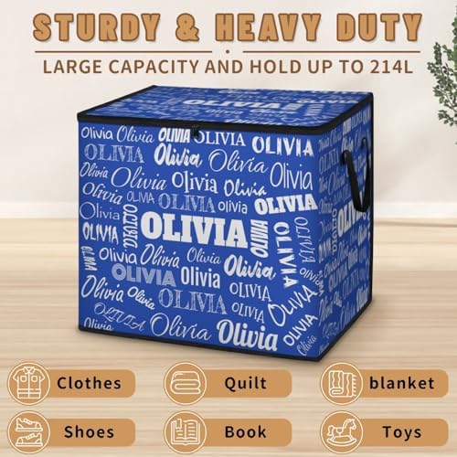 Custom Name Large Clothes Storage Organization with Lids, Kids Toys Bin Shelf Basket, Bedding Clothes Towel Navy Blue Storage Bin for Nursery, Gift Basket, Pet Basket, Full Names Printed