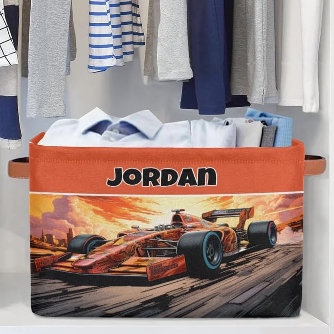 Custom Storage Baskets Named, Personalized Storage Bin Basket Boxes PU Leather Handles for Clothes Bedroom Closet Organizing Toys Books Shelves, Racing Car Background