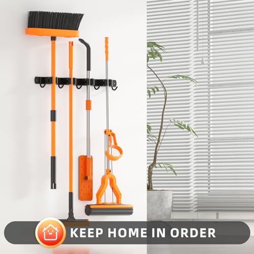 Broom Holder Wall Mount, Improved Non-slip Mop and Broom Holder Wall Mount, Heavy Duty Broom Hanger Organizer for Closet Laundry Garden Garage Storage (4 Racks 5 Hooks)
