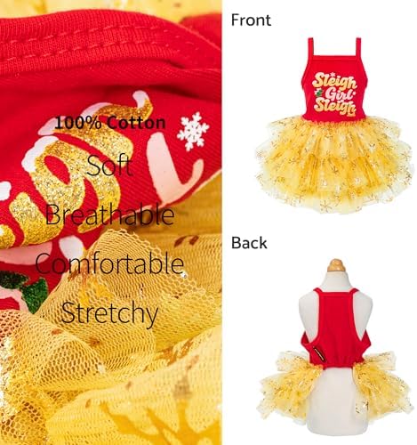 Fitwarm Sleigh Girl Sleigh Dog Tutu Dress, Fancy Christmas Clothes for Small Dogs Girl, Funny Holiday Pet Outfit, Red, Golden Yellow, Medium