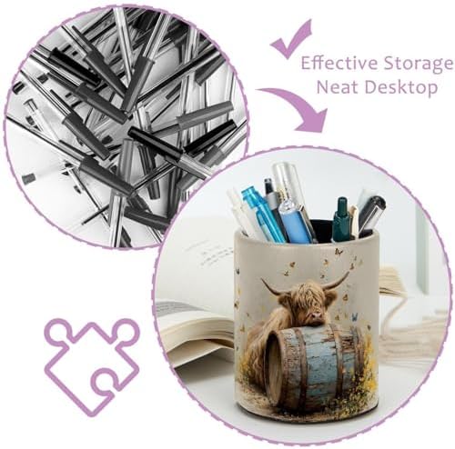 Faux Leather Pen Holder for Desk, Pencil Organizer Highland Cow Pen Cup Desk Decor Makeup Brush Holder Storage for Office Home