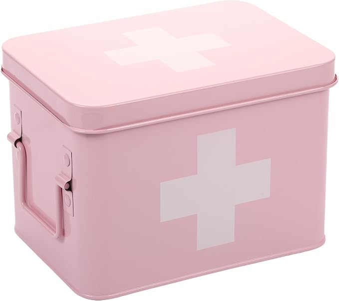 Lassos Boutique Retro Enameled First Aid Box for Medicine Storage and Home Decor with Lid and Removable Tray (Pink/White)