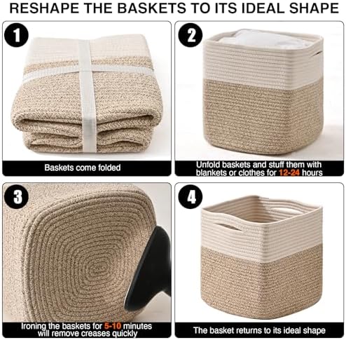 ICERZCZ 11 Inch Cube Storage Bins, Organizer Woven Cotton Rope Square Baskets for Organizing Shelves, Toys, Nursery, Off White & Brown (Pack of 3)