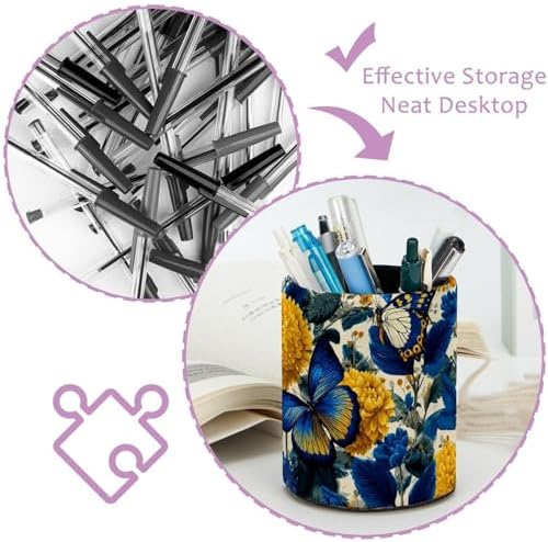 Faux Leather Pen Holder for Desk, Pencil Organizer Butterfly Pen Cup Desk Decor Makeup Brush Holder Storage for Office Home