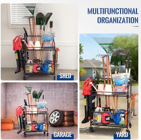 Mythinglogic Rolling Garden Tool Organizer for Garage, Yard and Lawn Tools | Metal rolling rack with multiple tool slots, movable hooks and locking casters for rakes, shovels, brooms and yard tools