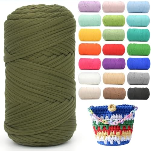 400g Tshirt Yarn for Crochet,Army Green T Shirt Soft Elastic Fabric Chunky Thick T-Shirt Crochet Yarn for Crocheting Knitting Beginner Hand Knitting for Bag/DIY Craft/Home Decor-Army Green