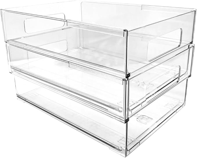 Isaac Jacobs 2-Pack Clear Expandable Storage Bins - Medium | 11"-19" L x 8.5" W x 4.8" H, Plastic Organizer with Cut-Out Handles, Adjustable Length from 11-19" for Home, Kitchen & Office