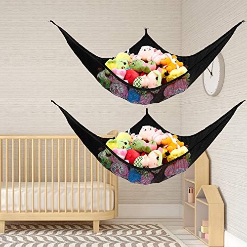 Stuffed Animal Net or Hammock, Stuffed Animal Net, Jumbo Toy Net Hammock for Stuffed Animals Wall Sling Corner Extra Large Kids Children Mesh Toy Net Organizer (Black 2 Pack, 70 inch)