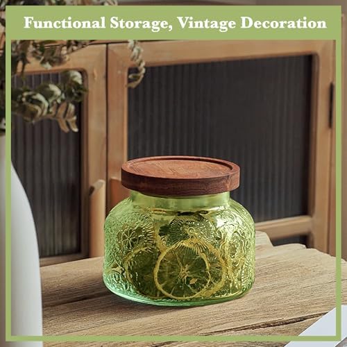 Decorative Green Embossed Glass Jar with Airtight Wooden Lid, 25.4 fl. oz | Wide mouth vintage storage canister, kitchen pantry bathroom organization, coffee sugar tea cookie candy candle vase gift