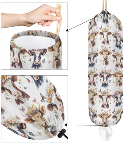 Pardick Plastic Bag Holder Butterfly Flower Highland Cow Wall Mount Grocery Bag Holder Wasgable Plastic Bag Dispenser Garbage Bag Organizer for Home Kitchen Decor, Gifts for Women Mom Family Friends