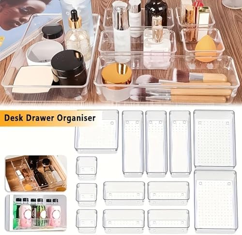 Clear Drawer Organiser Trays Set Makeup Trays Desk Drawers Dividers Organiser Bins for Kitchen Bedroom Bathroom Stackable Drawer