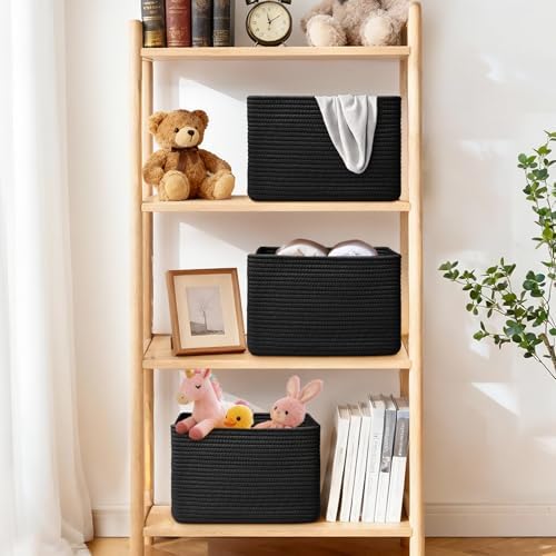 Storage Baskets for Organizing, 4 Pack Baskets for Shelves, Decorative Storage Bins for Shelves, Cotton Rope Storage Basket with Handles, Woven Basket for Storage, 13''Lx8.7''Wx7.9''H, Black